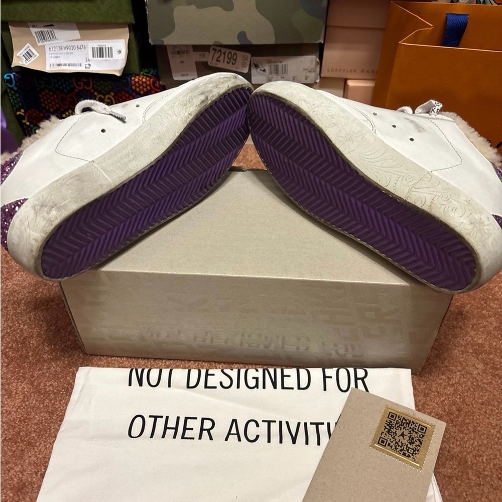 Golden Goose White Leather Sneakers with Purple Glitter Heel & Lavender Tongue